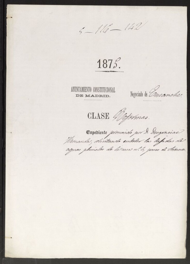 Miniatura de D. Deogracias Hernández, solicitando embeber las bajadas de aguas pluviales de la casa nº 6, Paseo de Areneros.