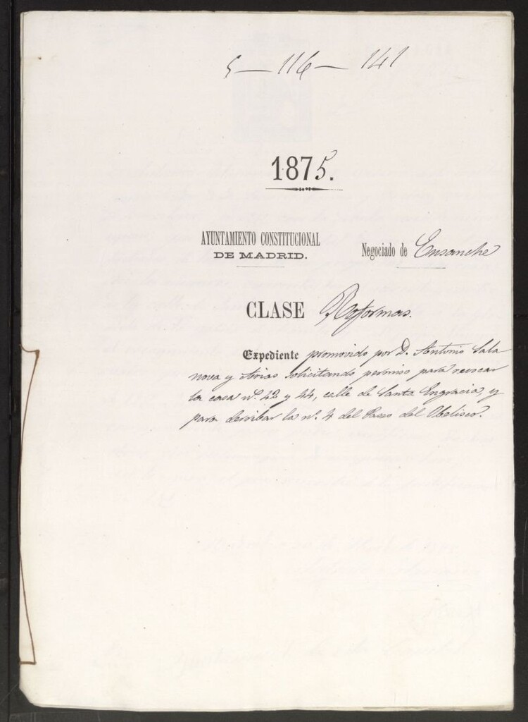 Miniatura de D. Antonio Salanova y Arias, solicitando permiso para revocar la casa nº 42 y 44 calle de Sta. Engracia, y para derribar la nº 4 del Paseo del Obelisco.