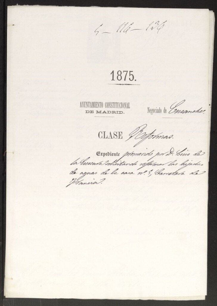 Miniatura de D. Luis de la Escosura, solicitando reformar las bajadas de aguas de la casa nº 5, Carretera de Francia.