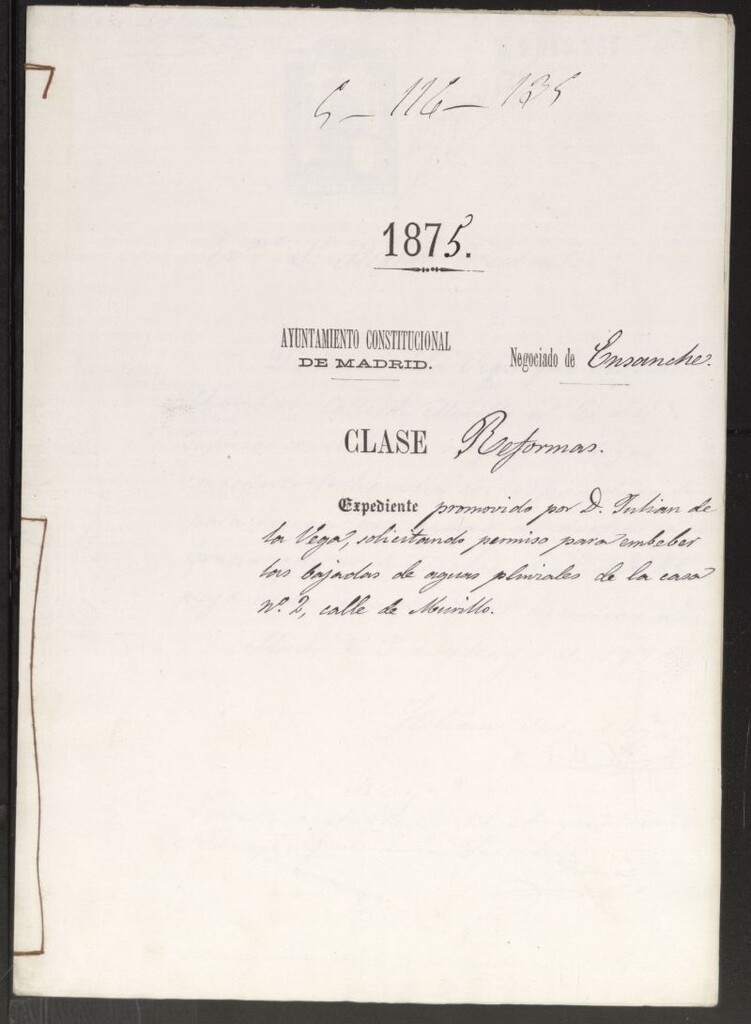 Miniatura de D. Julián de la Vega, solicitando permiso para embeber las bajadas de aguas pluviales de la casa nº 2, calle de Murillo.