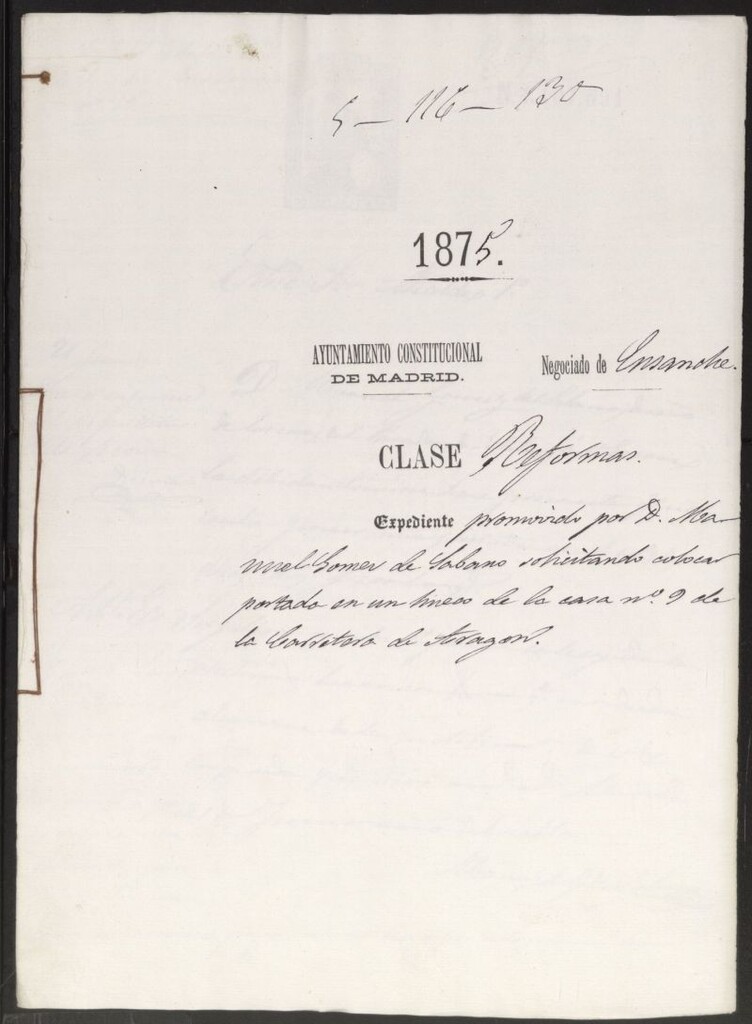 Miniatura de D. Manuel Gómez de Solano, solicitando colocar portada en un hueco de la casa nº 9 de la Carretera de Aragón.