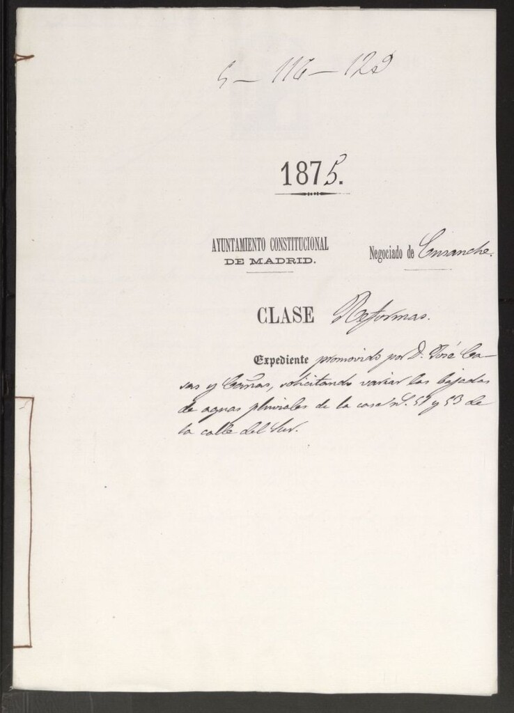 Miniatura de D. José Casas y Cañas, solicitando variar las bajadas de aguas pluviales de la casa nº 51 y 53 de la calle del Sur.
