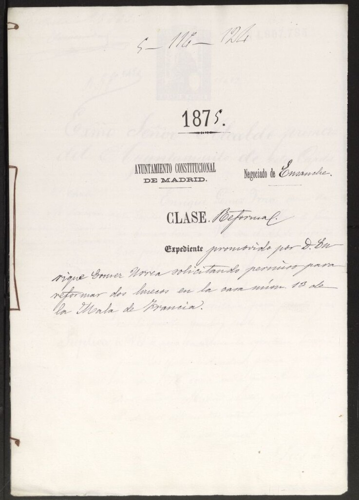 Miniatura de D. Enrique Gómez Urrea, solicitando permiso para reformar dos huecos en la casa nº 13, de la Mala de Francia.