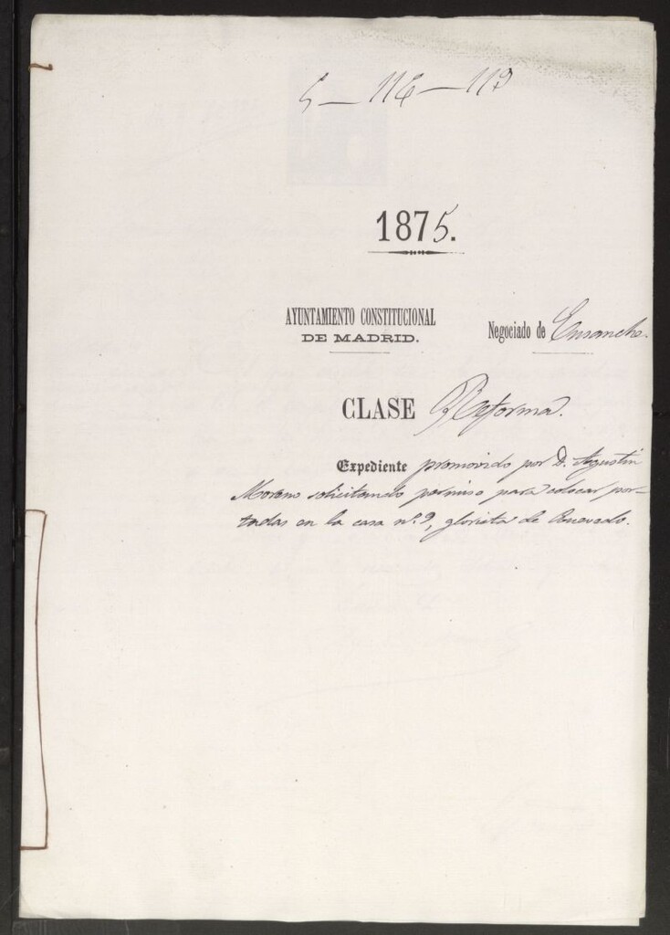 Miniatura de D. Agustín Moreno, solicitando permiso para colocar portadas en la casa nº 9, Glorieta de Quevedo.