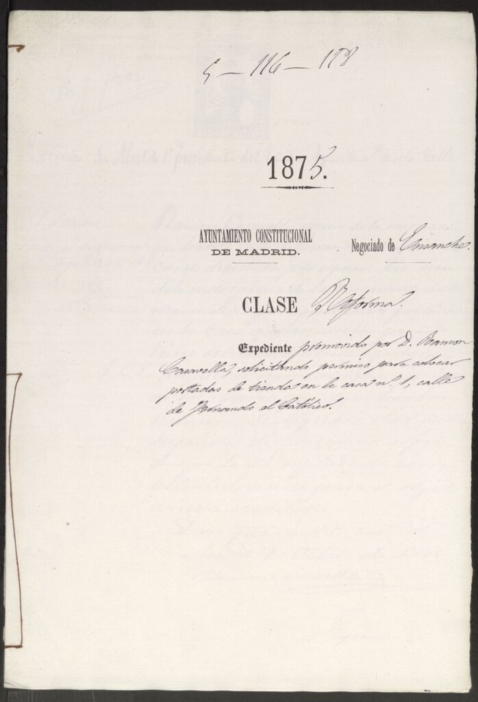 Miniatura de D. Ramón Casavella, solicitando permiso para colocar portadas de tienda en la casa nº 1, calle de Fernando el Católico.