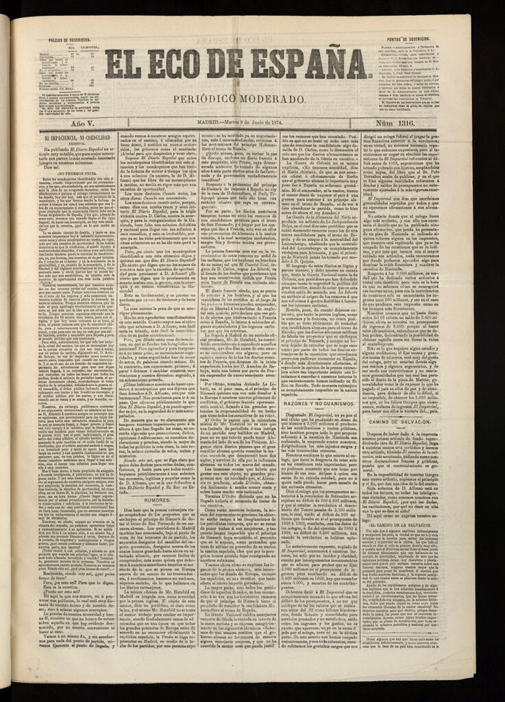 Miniatura de El Eco de España del 9 de junio de 1874