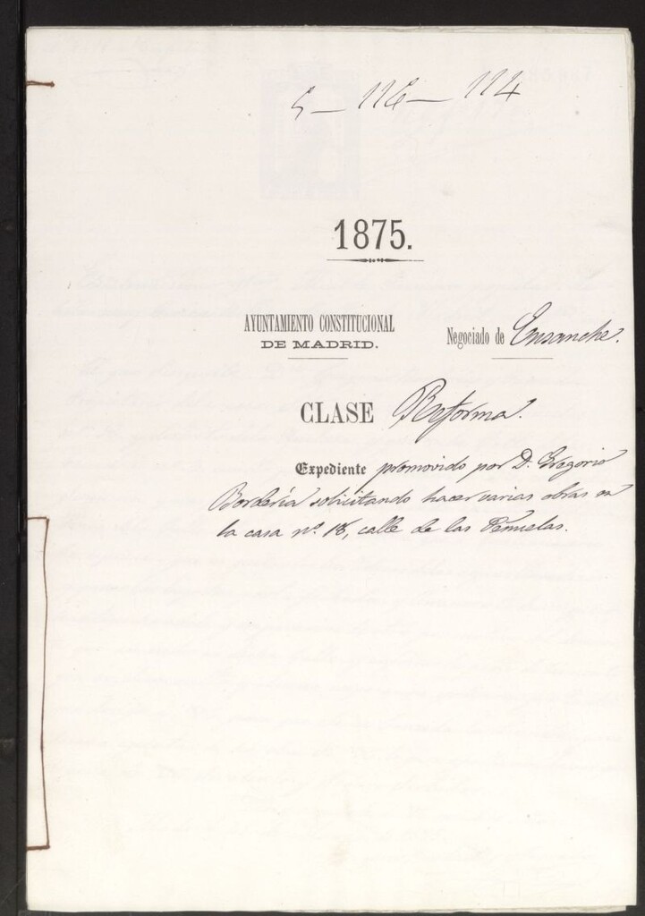 Miniatura de D. Gregorio Borderia, solicitando hacer varias obras en la casa nº 18, calle de las Peñuelas.