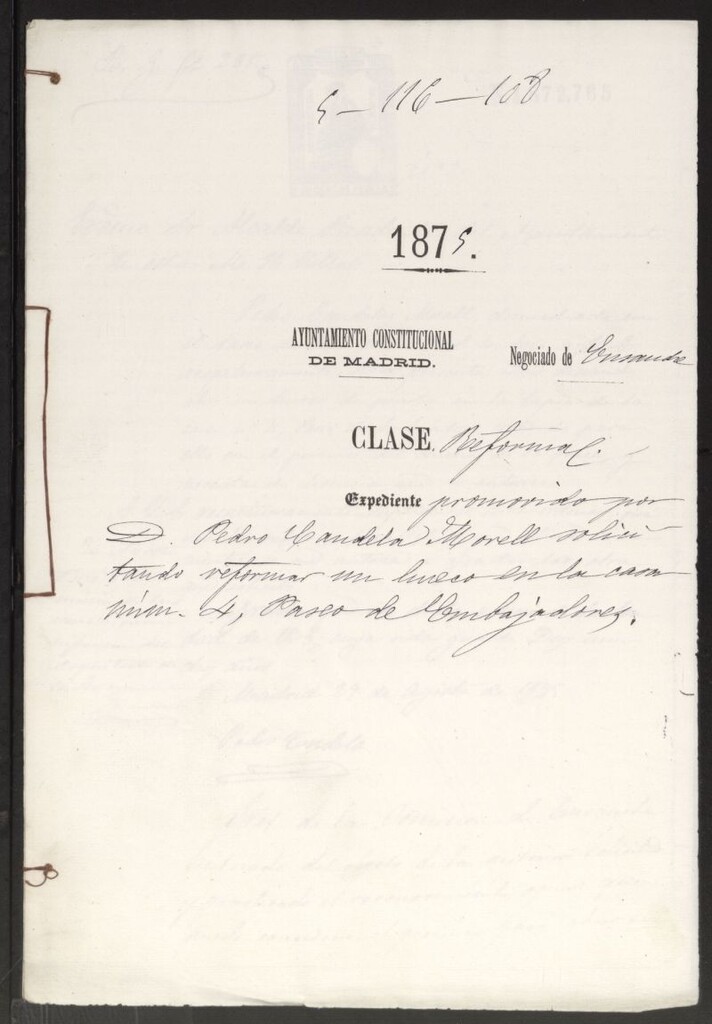 Miniatura de D. Pedro Candela Morell, solicitando reformar un hueco en la casa nº 4, Paseo de Embajadores.