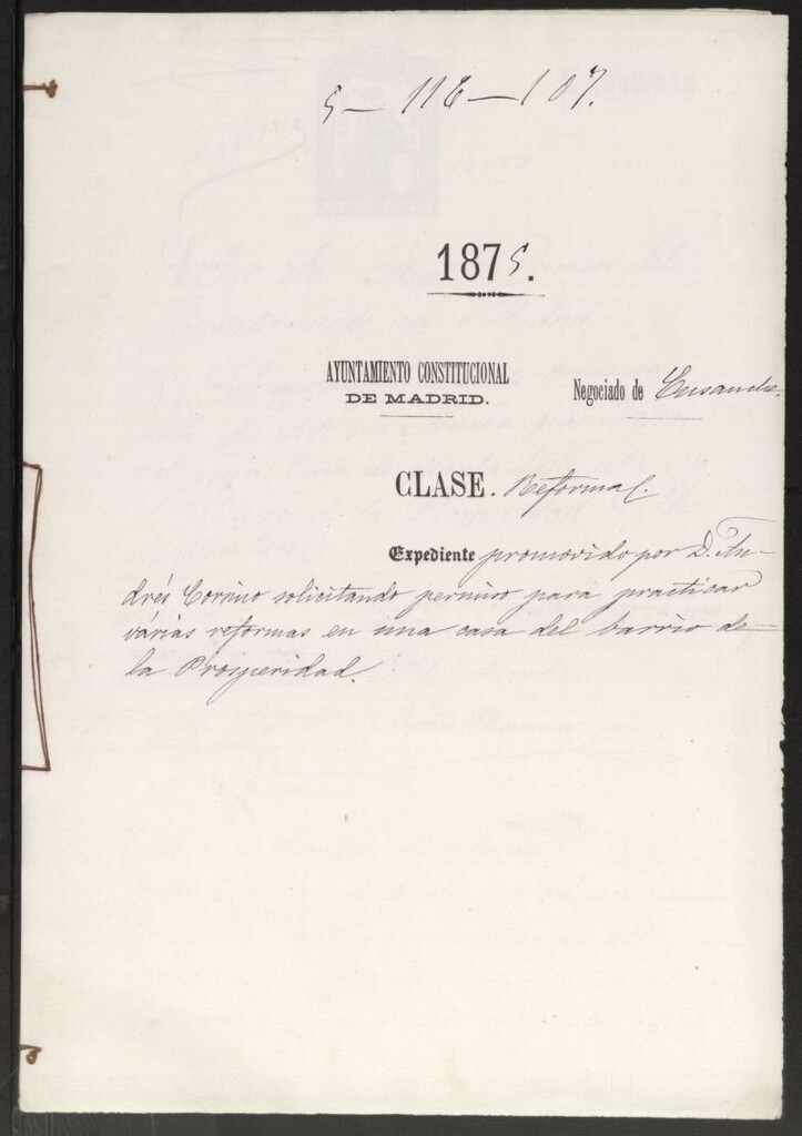 Miniatura de D. Andrés Corsino, solicitando permiso para practicar varias reformas en una casa del barrio de la Prosperidad.