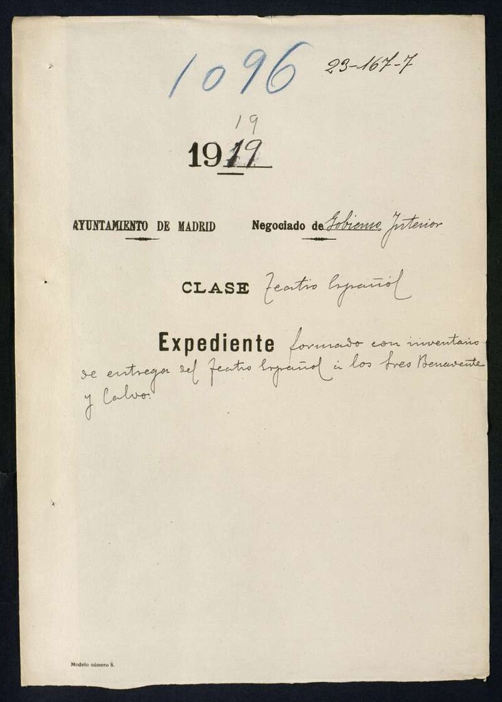 Miniatura de Invesntario entrega Teatro Español a los sres. Benavente y Calvo.