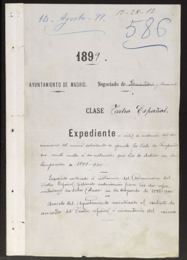 Miniatura de Instancia del concesionario del Teatro Español, solicitando se apruebe la lista de Compañía que remite y que ha de actuar en la temporada 1899-1900.
