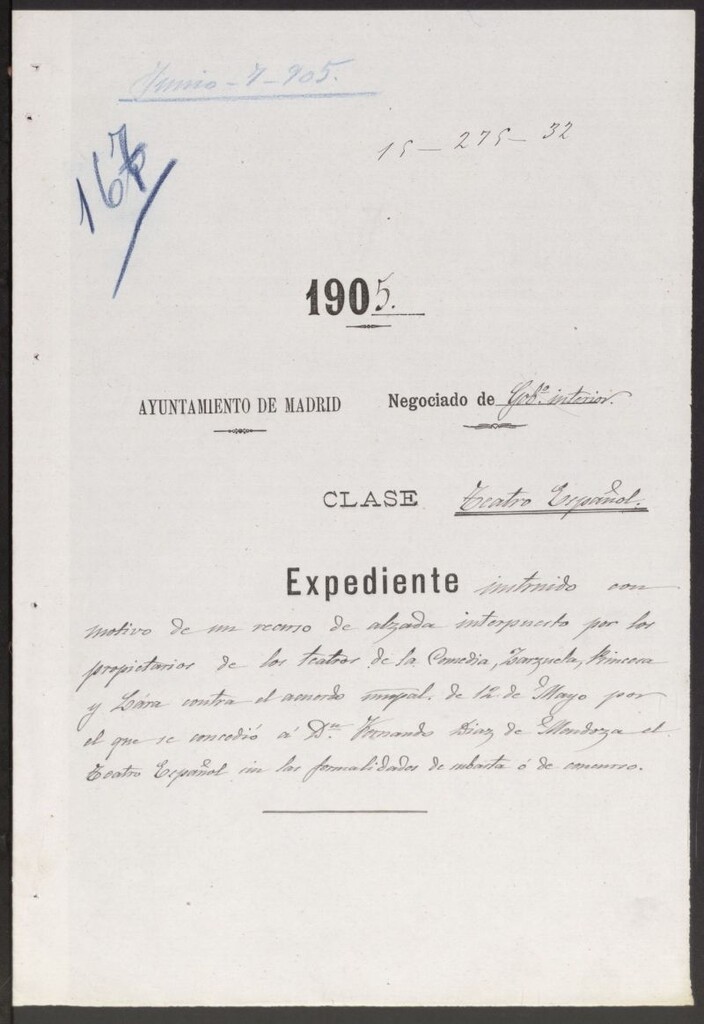 Miniatura de Expediente instruido motivo del recurso de alzada interpuesto por los propietarios teatrso de la Comedia, Zarzuela, Princesa y Larra contra el acuerdo municipal que se concedió a D. Fernando Dáiz de Mendoza Teatro Español sin las formalidades de subasta.
