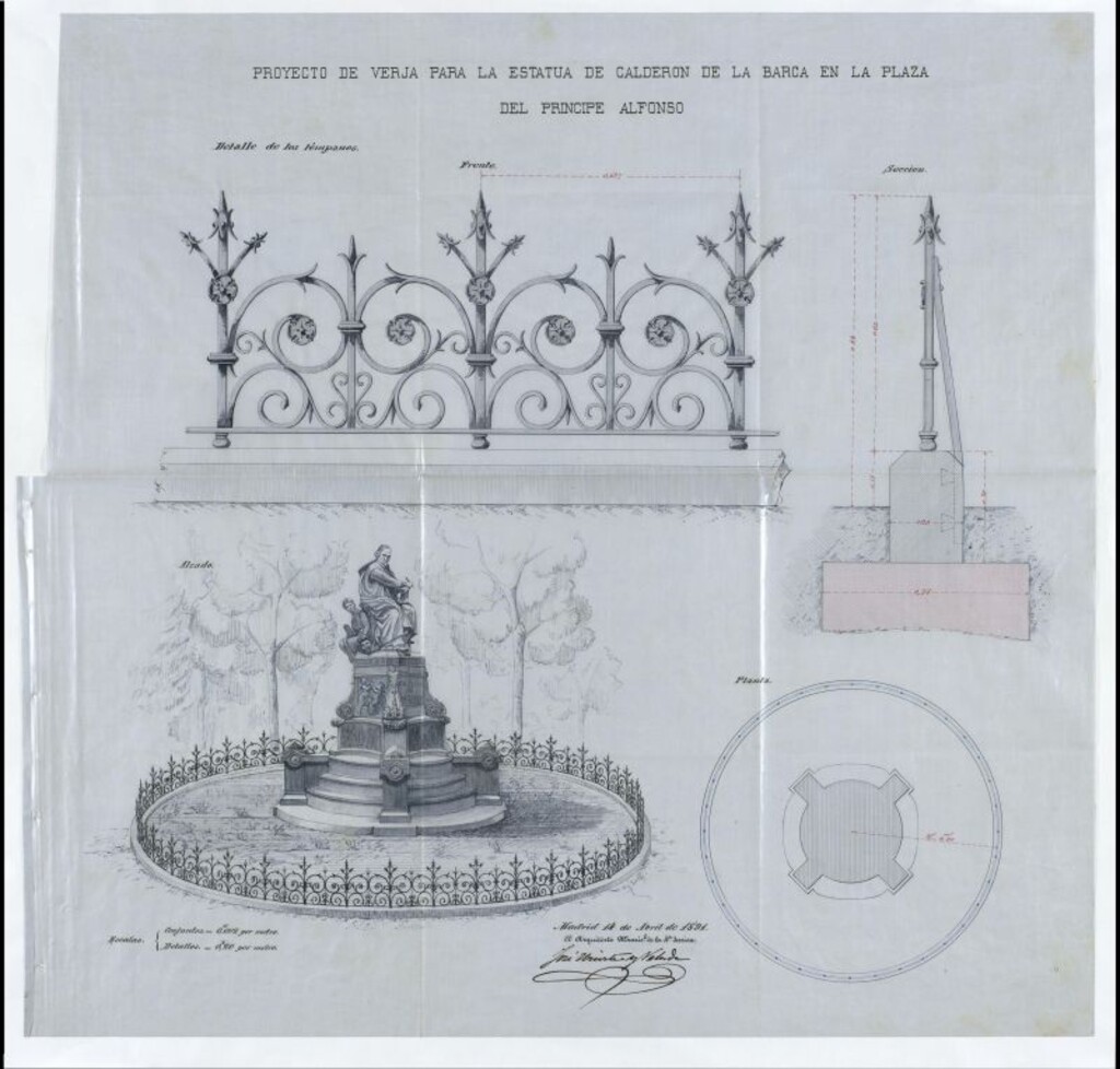 Miniatura de Oficio proponiendo redar con una verja de hierro la estatua de Calderón en la plaza del Príncipe Alfonso.