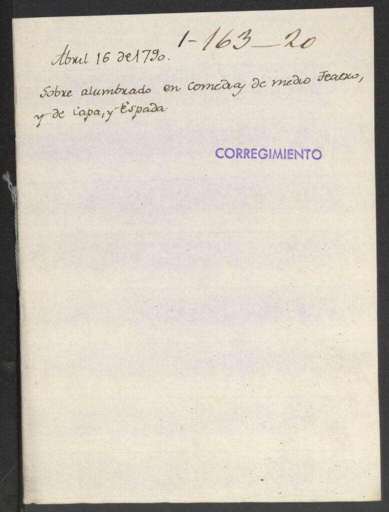 Miniatura de Corregimiento. alumbrado en comedias de medio teatro y de capa y espada.