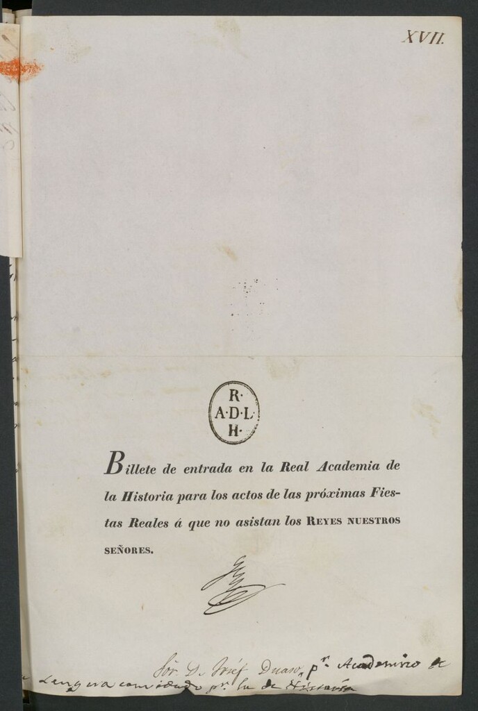 Miniatura de Billete de entrada en la Real Academia de la Historia : para los actos de las próximas Fiestas Reales á que no asistan los Reyes Nuestros Señores