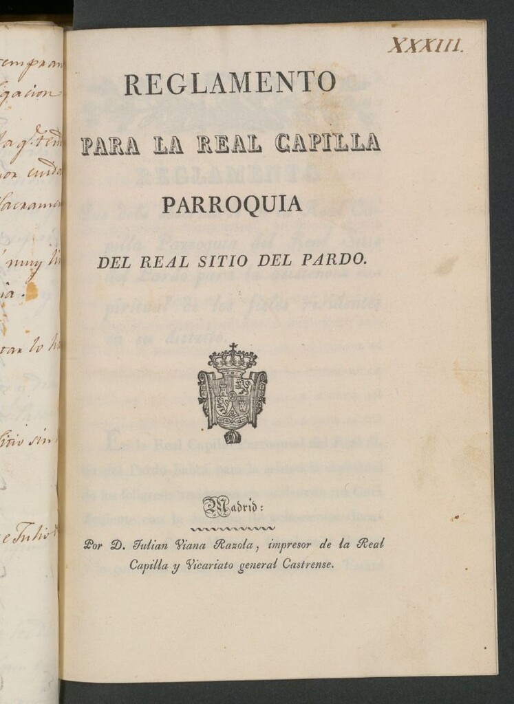 Miniatura de Reglamento para la Real Capilla : parroquia del Real Sitio del Pardo por D. Julian Viana Razola...,