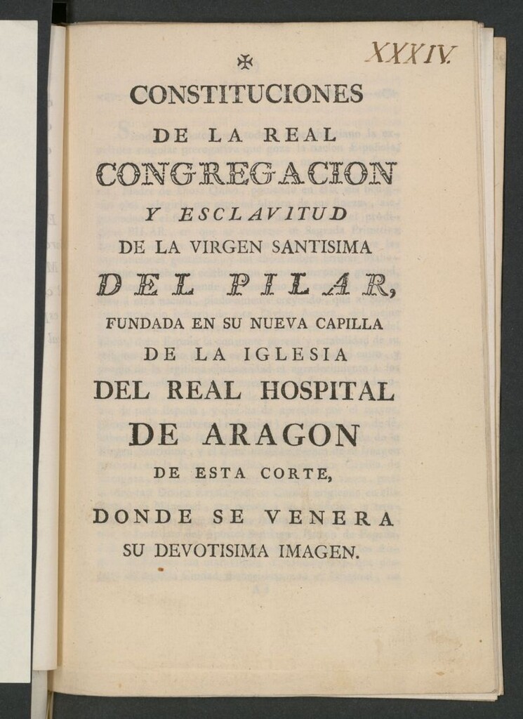 Miniatura de Constituciones de la Real Congregación y esclavitud de la Virgen Santisima del Pilar. : fundada en su nueva capilla de la iglesia del Real Hospital de Aragon de esta corte donde se venera su devotisima imagen.