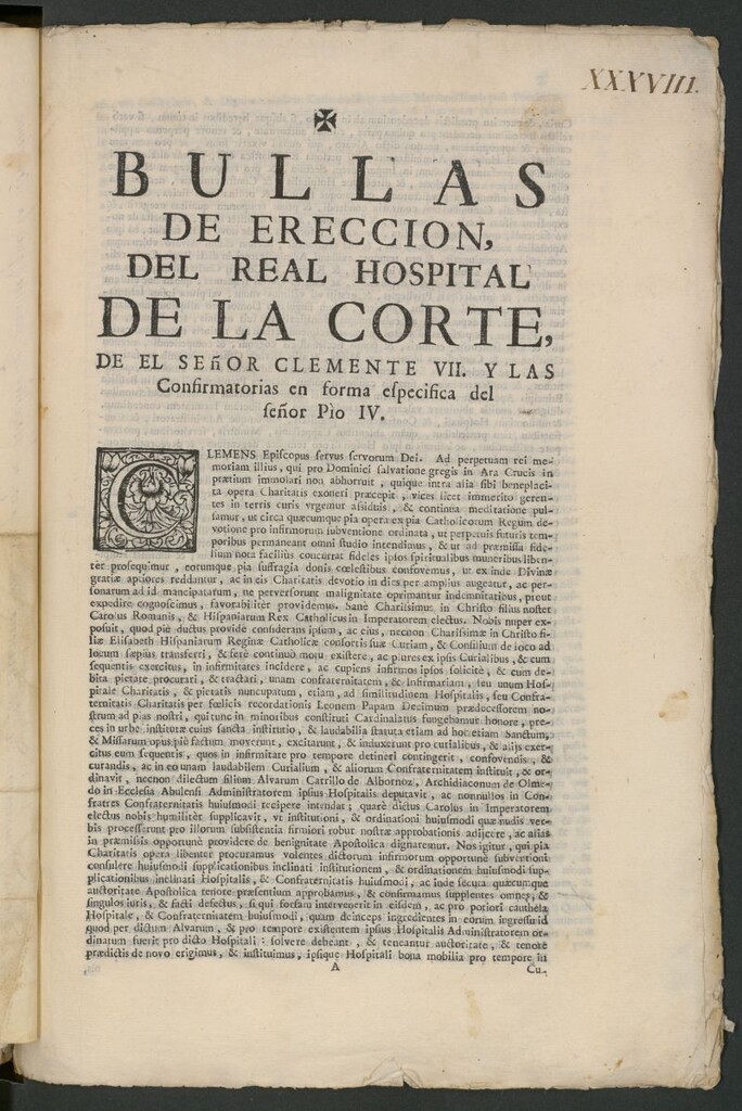 Miniatura de Bulas de ereccion del Real Hospital de la Corte de el Señor Clemente VII y las Confirmatorias en forma especifica del señor Pio IV