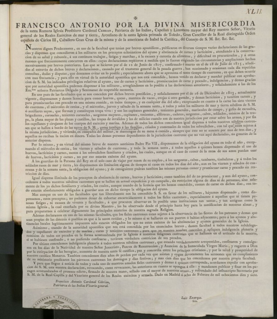 Miniatura de Francisco Antonio... cardenal Cebrian, Patriarca de las Indias,... en uso de las facultades que se nos conceden... damos licencia para comer huevos, queso, manteca de vacas... exceptuando en cuanto a la carne los siete viernes de cuaresma... á todos y solos los militares de mar y tierra sübditos de S.M