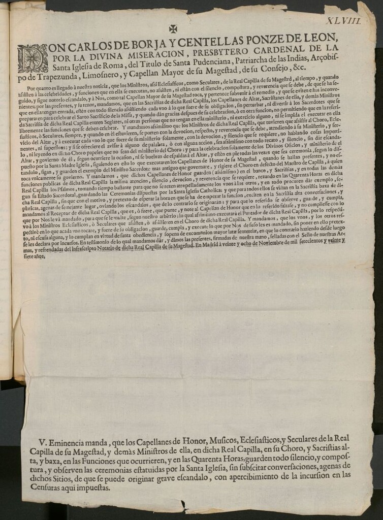 Miniatura de Don Carlos de Borja y Centellas Ponce de Leon... patriarca de las Indias... mandamos que en las sacristias de dicha Real Capilla, los capellanes... y demas ministros... esten con todo silencio... sin perturbar, ni divertir á los Sacerdotes...