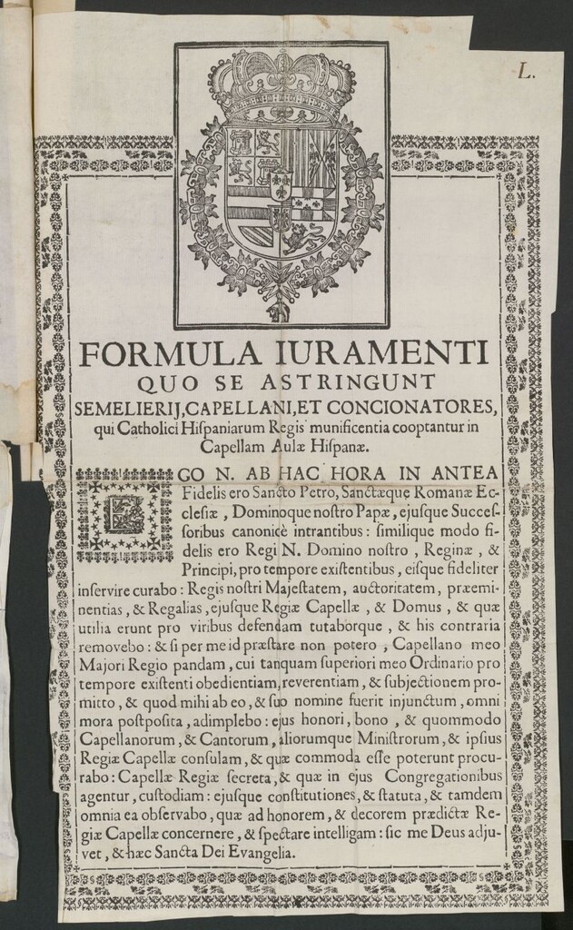 Miniatura de Formula iuramenti quo se astringunt semelierii capellani et concionatores qui Catholici Hispaniarum Regis munificentia cooptantur in Capellan Aulae Hispaniae