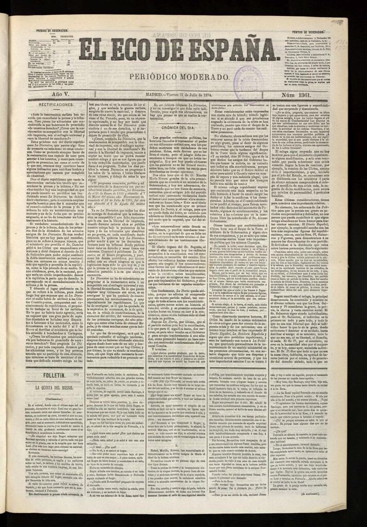 Miniatura de El Eco de España del 31 de julio de 1874