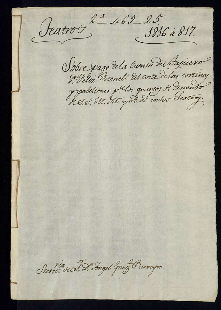 Miniatura de Sobre pago de la cuenta del tapicero del coste de las cortinas y pabellones para los quartos de descanso de SS.MM. y AA. en los teatros