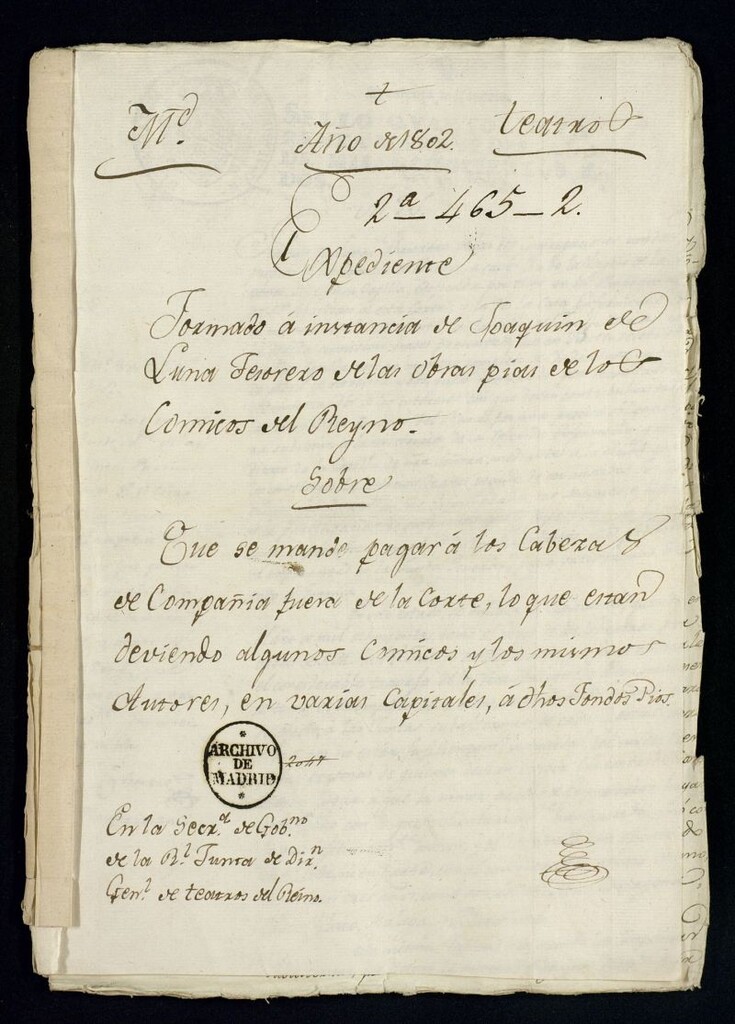 Miniatura de Expediente formado a instancia de Joaquín de Luna, tesorero de las obras pías de los cómicos del reino, sobre que se mande pagar a los cabezas de las compañías fuera de la Corte