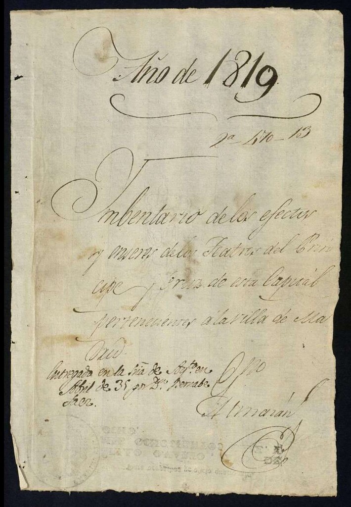 Miniatura de Inventario de los efectos y enseres de los Teatros del Príncipe y Cruz de esta capital pertenecientes a la Villa de Madrid