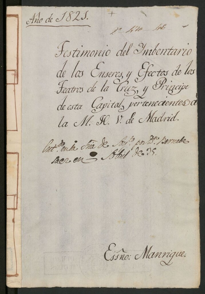 Miniatura de Testimonio del inventario de los enseres y efectos de los teatros de la Cruz y Príncipe de esta capital, pertenecientes a la Muy Heroica Villa de Madrid