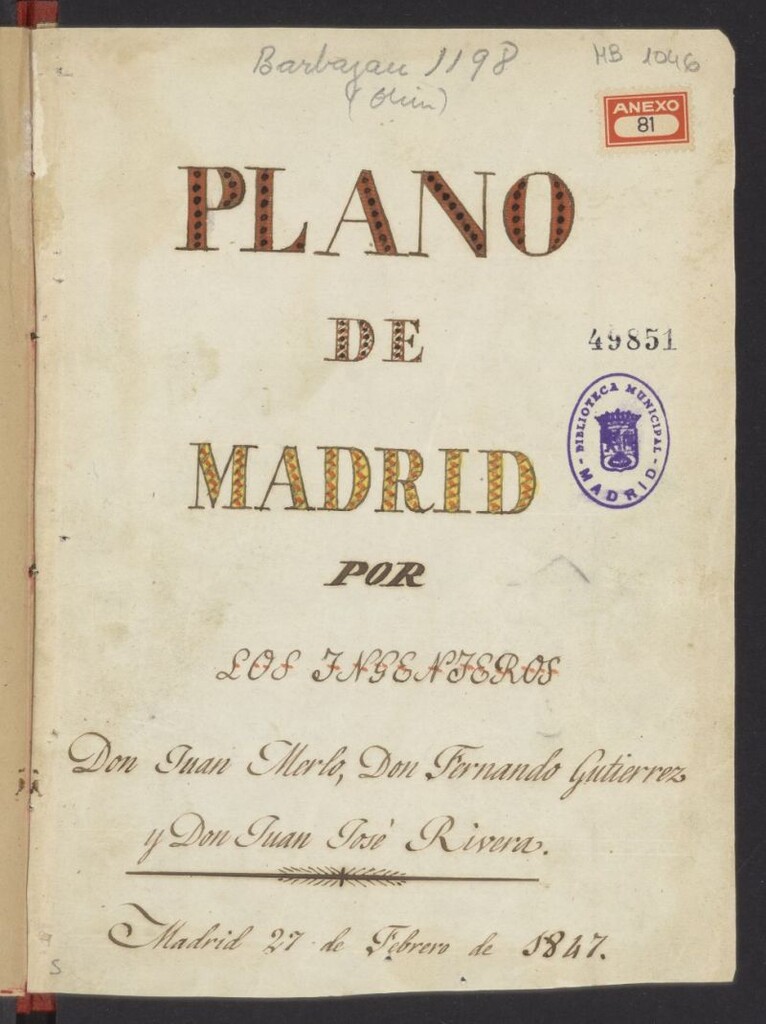 Miniatura de Plano de Madrid por los ingenieros Don Juan Merlo, Don Fernando Gutiérrez y Don Juan José Rivera