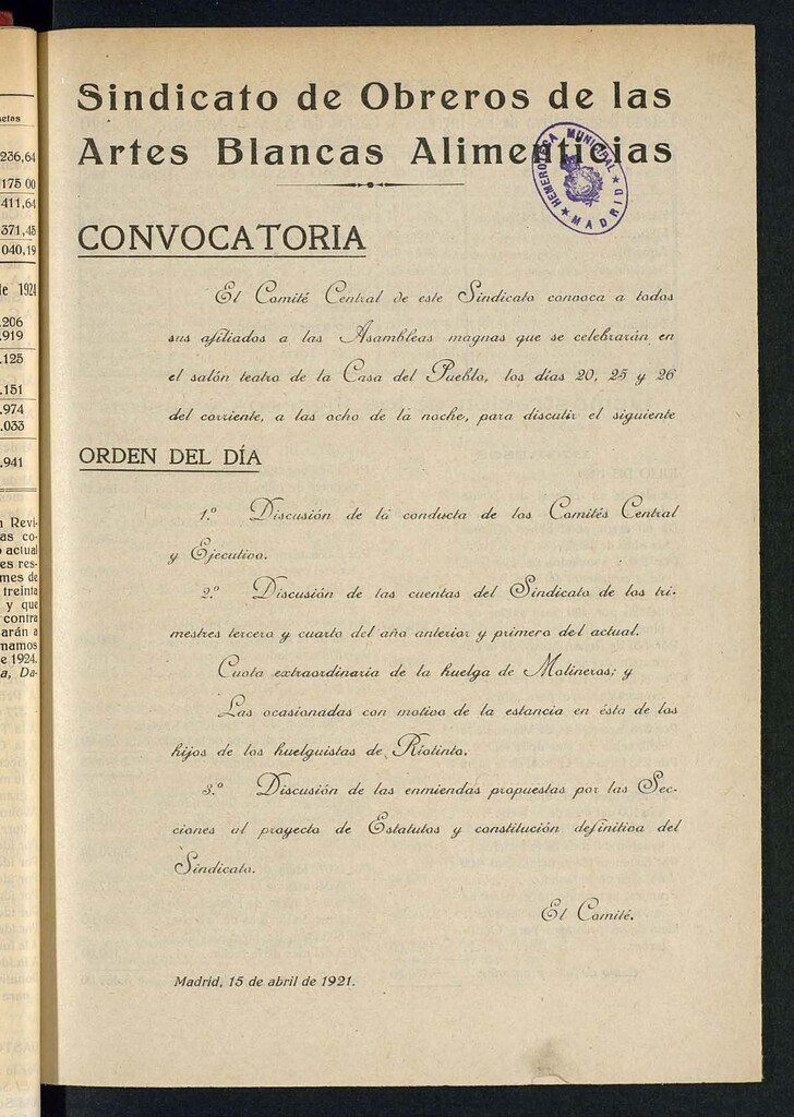 Miniatura de Boletín del Sindicato de Obreros de las Artes Blancas Alimenticias del 15 de abril de 1921
