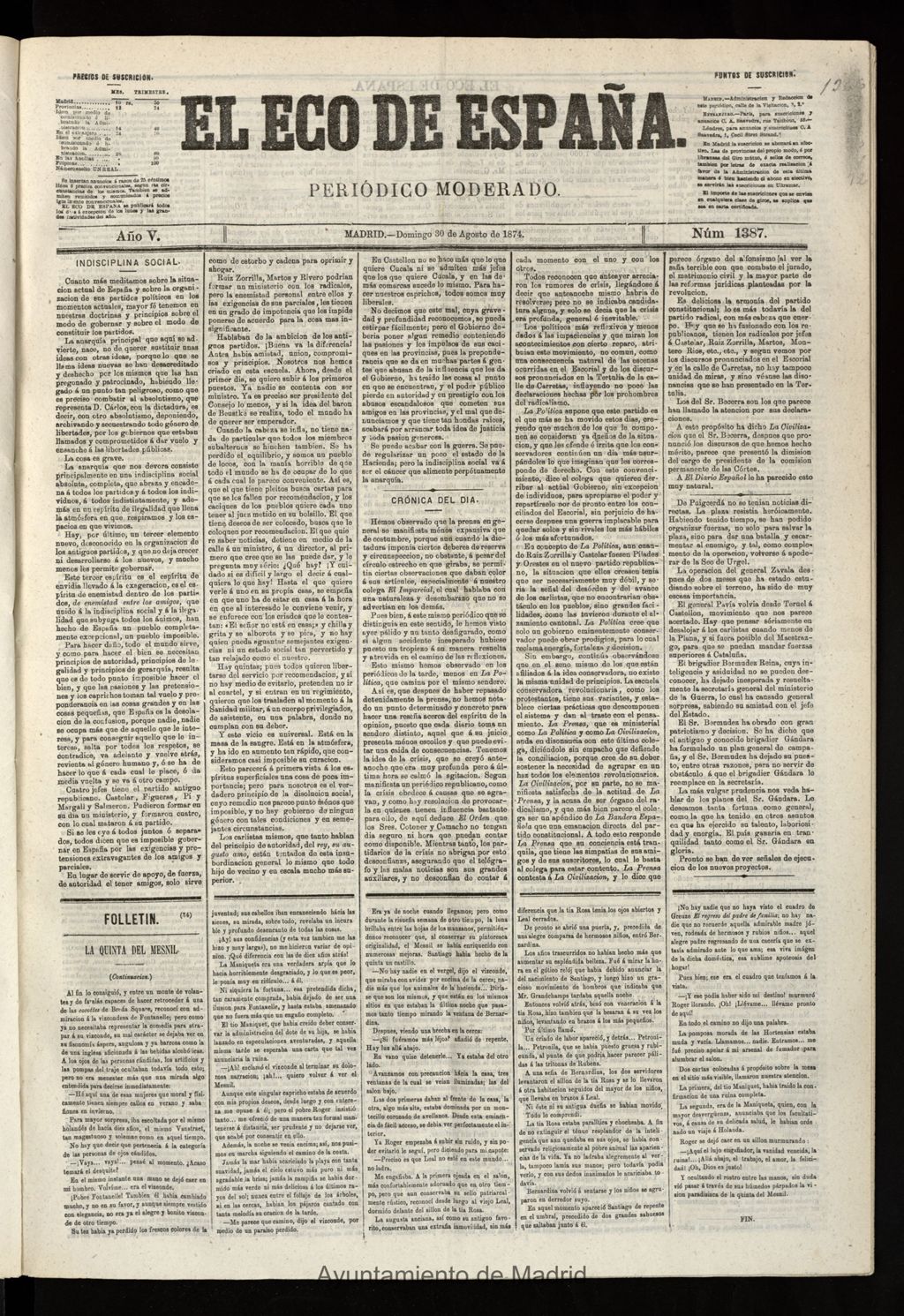 Miniatura de El Eco de España del 30 de agosto de 1874