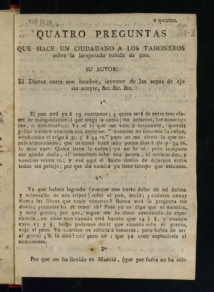 Miniatura de Quatro preguntas que hace un ciudadano a los tahoneros sobre la inesperada subida de pan