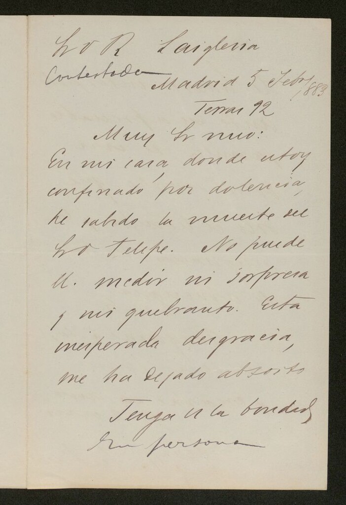 Miniatura de Carta del 5 de febrero de 1883 en Madrid a Rafael Laiglesia