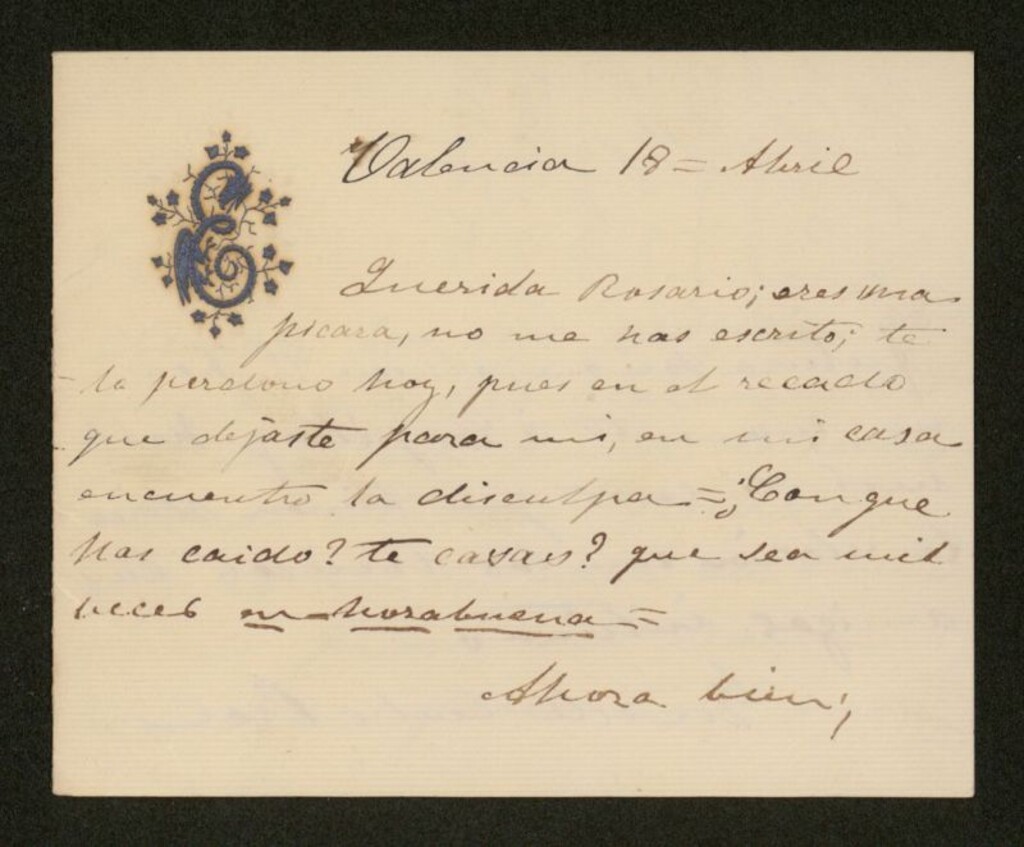 Miniatura de Carta de abril de 1876 en Valencia a Rosario de Acuña
