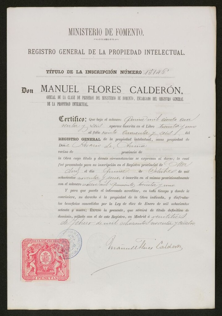 Miniatura de [Inscripción en el Registro General de la Propiedad Intelectual de la obra "El Padre Juan, drama en tres actos y en prosa" de Rosario de Acuña]