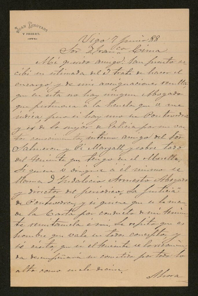 Miniatura de [Carta], 1888 junio 7, Vigo, a Francisco Cima