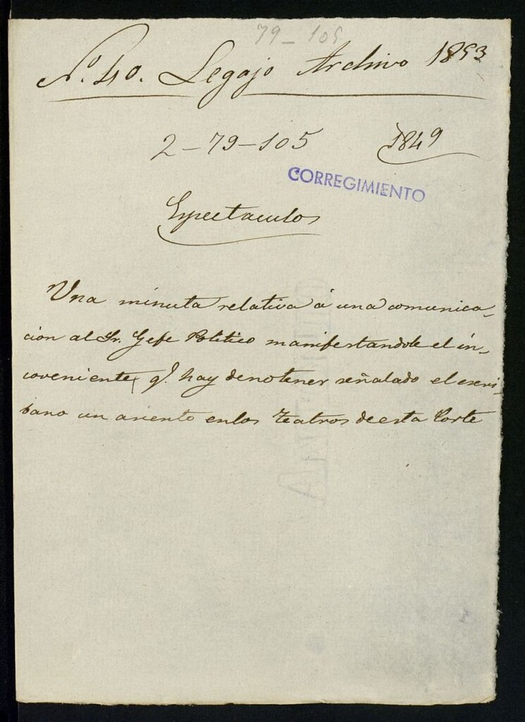 Miniatura de Una minuta relativa a una comunicación al señor Jefe político manifestandoles el inconveniente que hay de no tener señalado el escribano un asiento en los teatros de esta Corte 1849