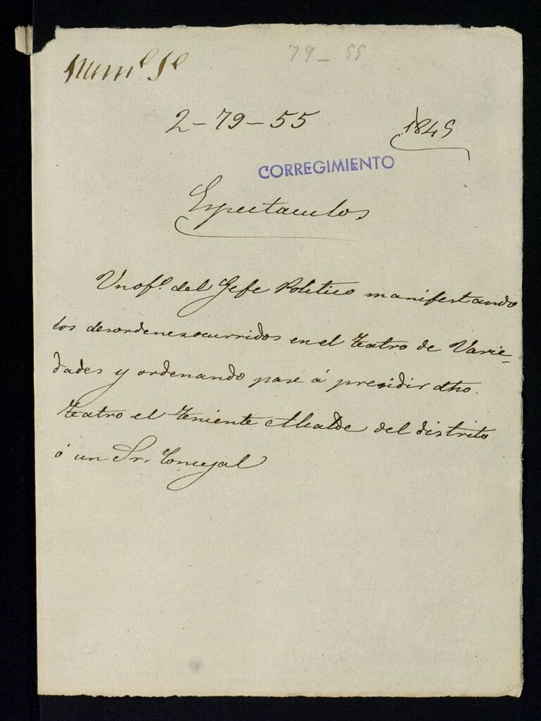 Miniatura de Oficio del Jefe Político manifestando los desórdenes ocurridos en el Teatro de Variedades y ordenando pase a presidir dicho teatro el Teniente Alcalde del Distrito o un señor concejal