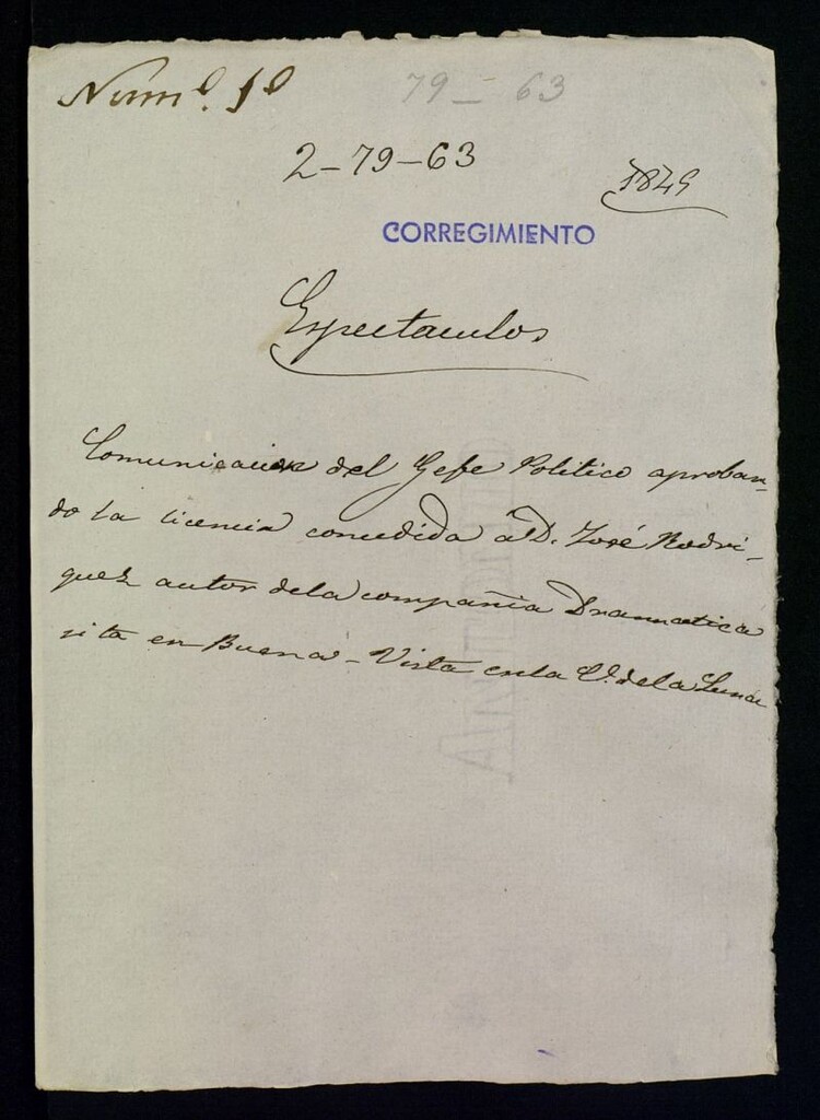 Miniatura de Comunicación del Jefe Político aprobando la licencia concedida a D. José Rodríguez, autor de la compañía dramática sita en Buena Vista, en la calle de la Luna