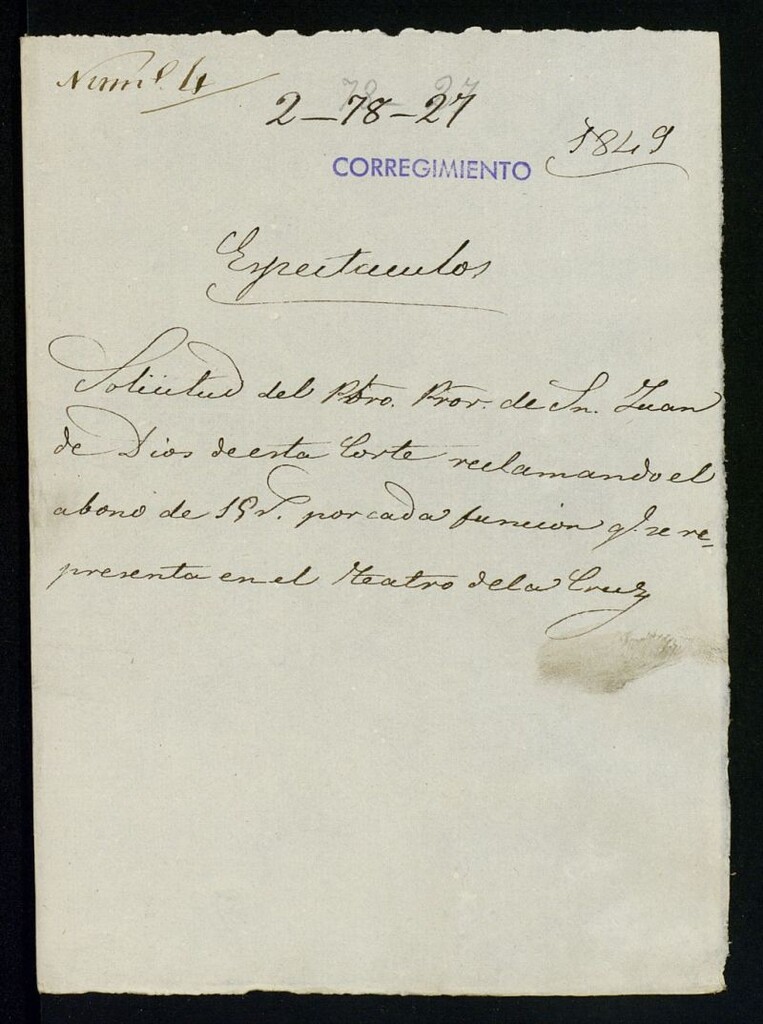 Miniatura de Solicitud del Hospital Civil de San Juan de Dios de esta Corte, reclamando el abono de 15 reales por cada función que se representa en el Teatro de la Cruz