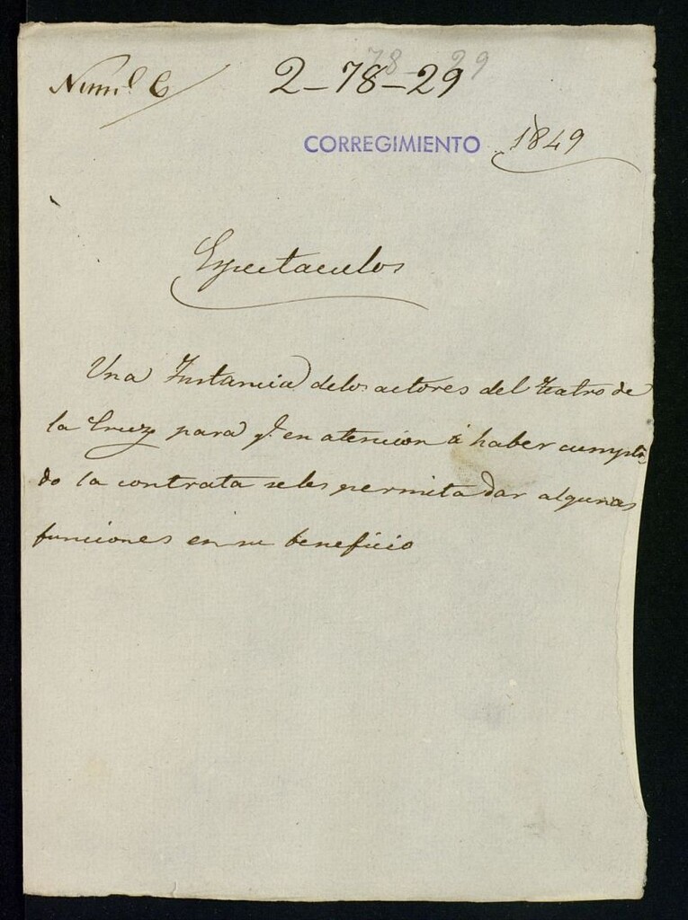 Miniatura de Una instancia de los autores del Teatro de la Cruz para, en atención a haber cumplido la contrata, se les permita dar algunas funciones en su beneficio