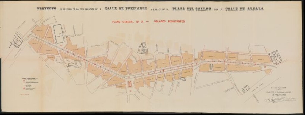 Miniatura de Reforma de la prolongación de la calle de Preciados. Enlace de la plaza del Callao con la calle de Alcalá. Formulado por los arquitectos municipales don José López Sallaberry y don Francisco Andrés Octavio