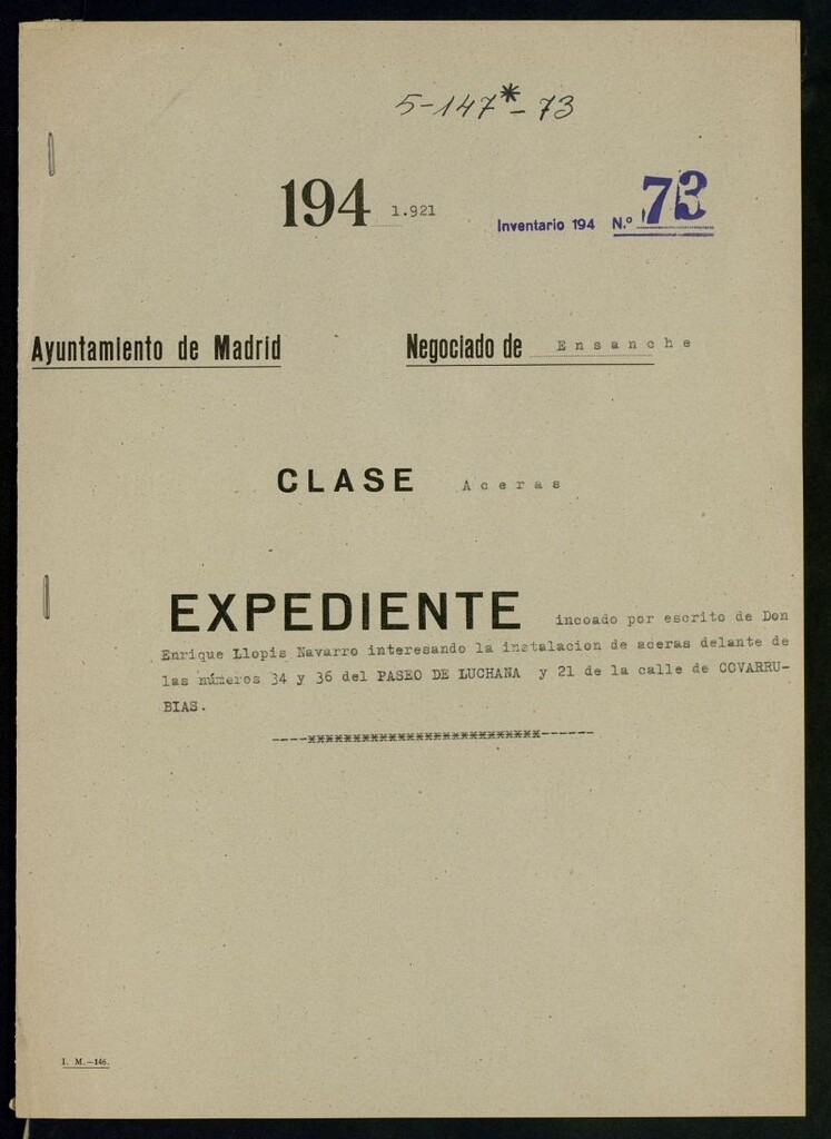 Miniatura de Expediente incoado por escrito de Don Enrique Llopis Navarro interesando la instalación de aceras delante de los números 34 y 36 del Paseo de Luchana y 21 de la calle de Covarrubias