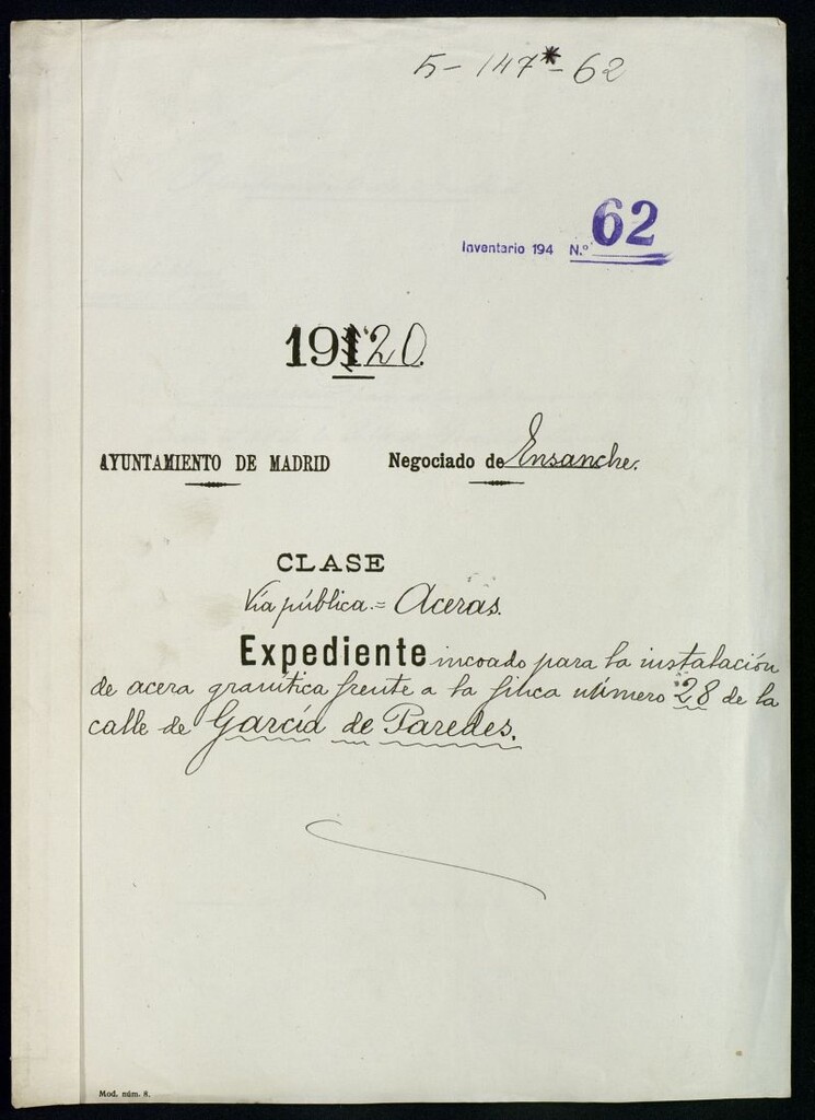 Miniatura de Expediente incoado para la instalación de acera granítica frente a la finca número 28 de la calle de García de Paredes