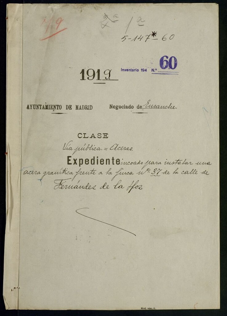 Miniatura de Expediente incoado para instalar una acera granítica frente a la finca n.º 37 de la calle de Fernández de la Hoz