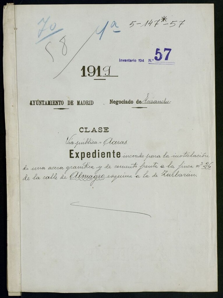 Miniatura de Expediente incoado para la instalación de una acera granítica y de cemento frente a la finca n.º 26 de la calle de Almagro esquina a la de Zurbarán
