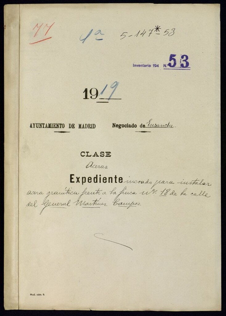 Miniatura de Expediente incoado para instalar acera granítica frente a la finca n.º 18 de la calle del General Martínez Campos