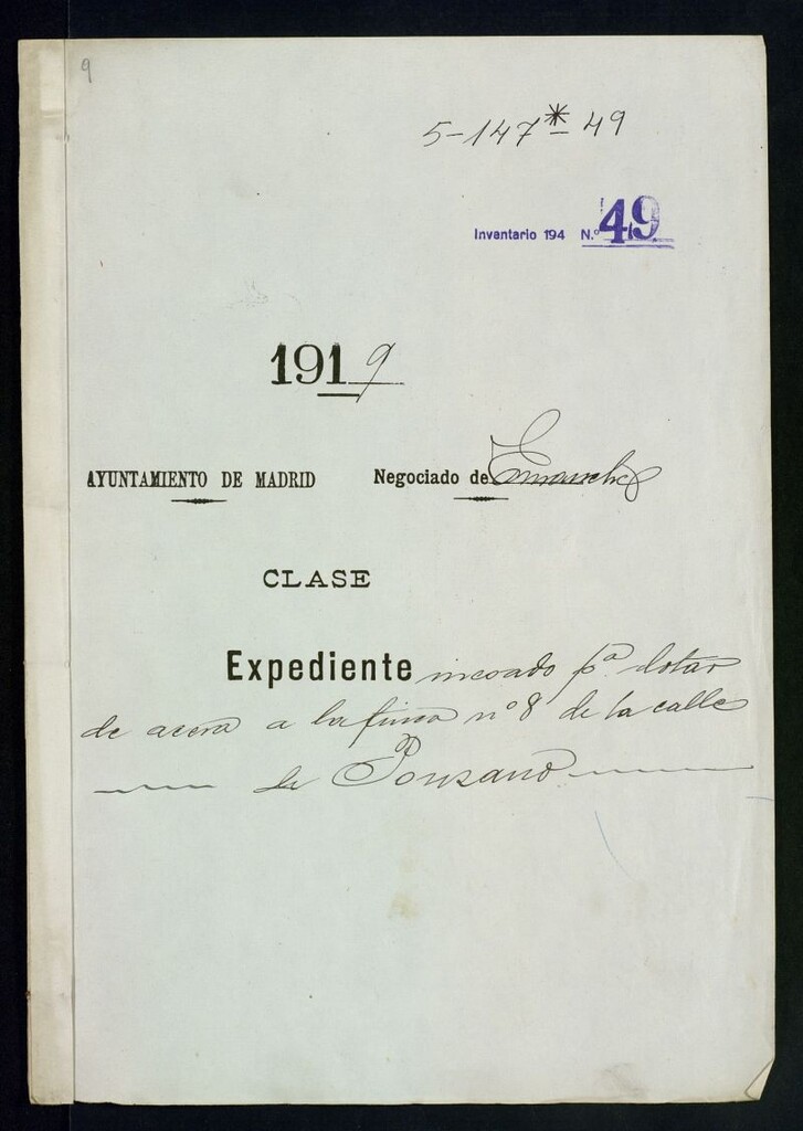 Miniatura de Expediente incoado para dotar de acera a la finca n.º 8 de la calle de Ponzano